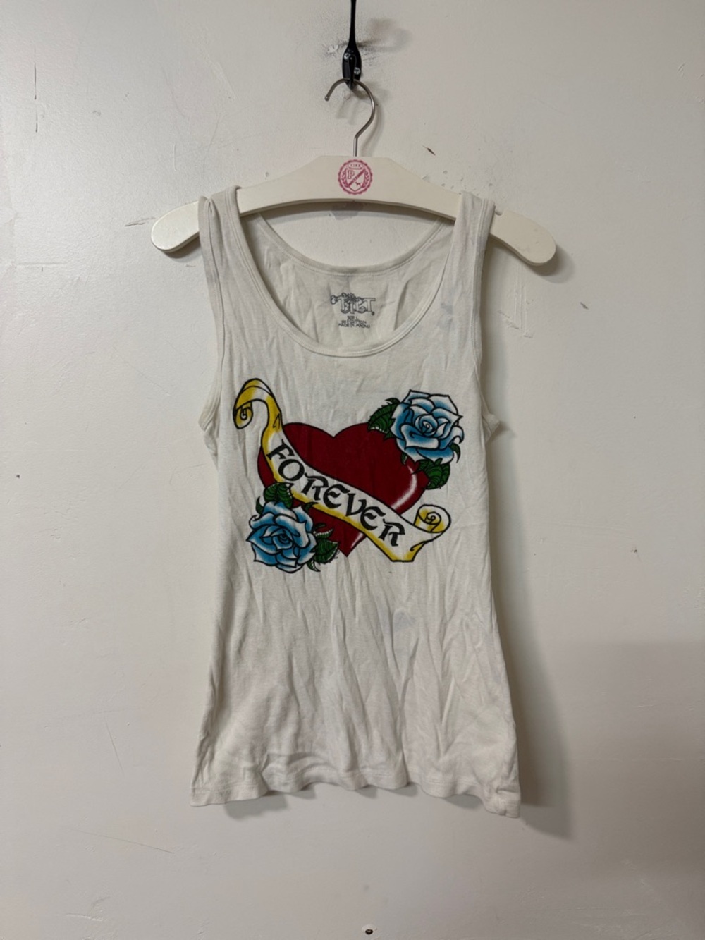 Women's White Graphic Tank Top with Red Heart & Blue Roses Y2K